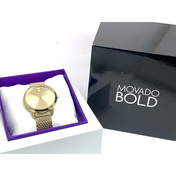 Movado Women's Watch 3600598 Bold Gold Dial Swiss Quartz Mesh Band Steel 35mm - Picture 3 of 14